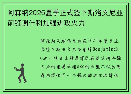 阿森纳2025夏季正式签下斯洛文尼亚前锋谢什科加强进攻火力 阿森纳2025夏季正式签下斯洛文尼亚前锋谢什科加强进攻火力